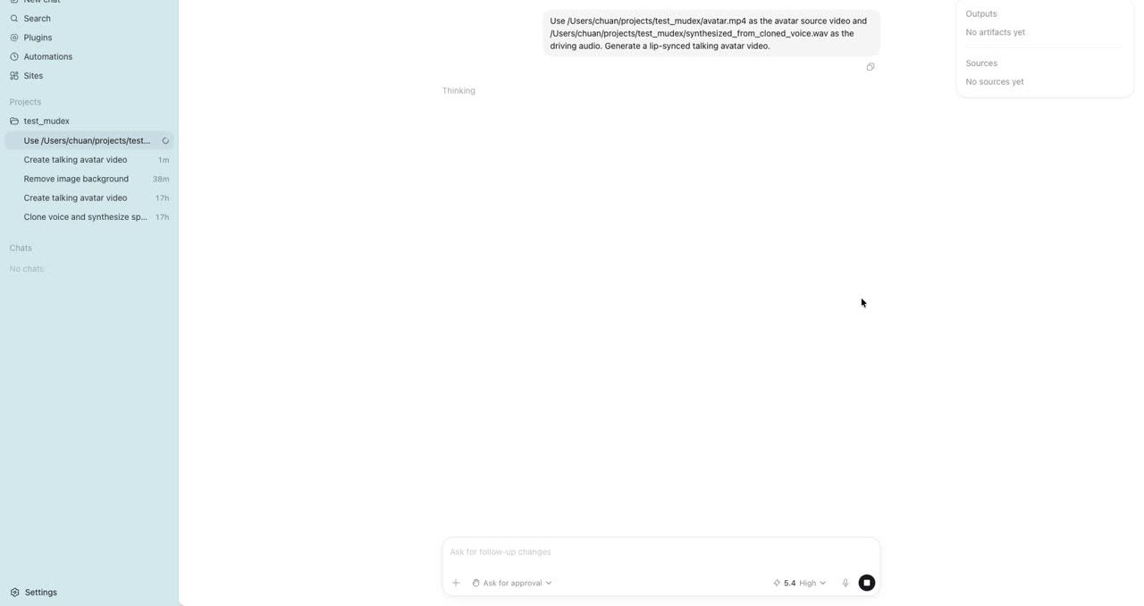 Codex project screen with the lip-sync request