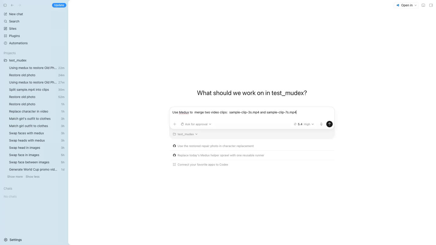 Codex prompt asking Medux to merge two MP4 video clips