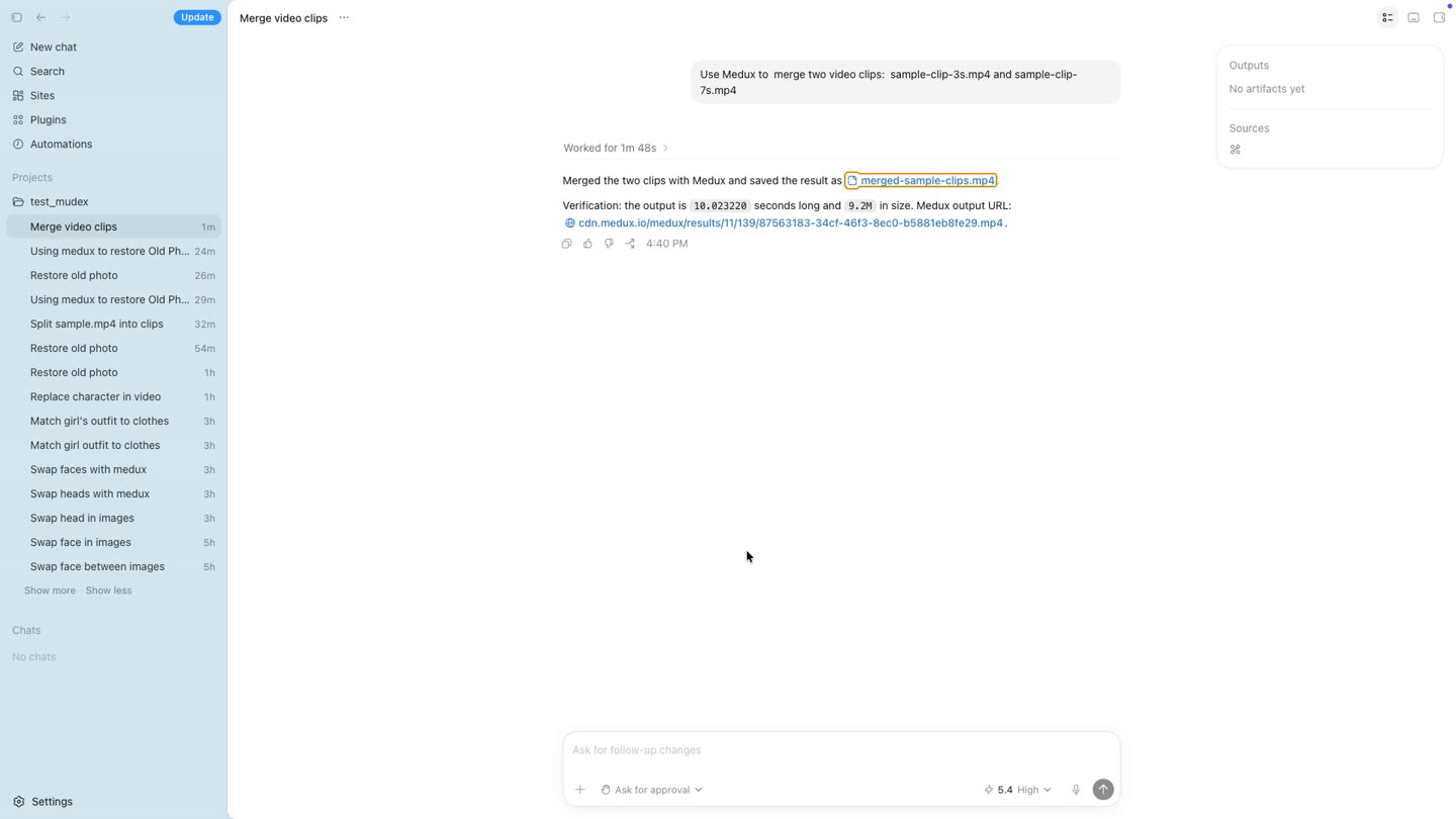 Codex reports the merged video filename duration and size