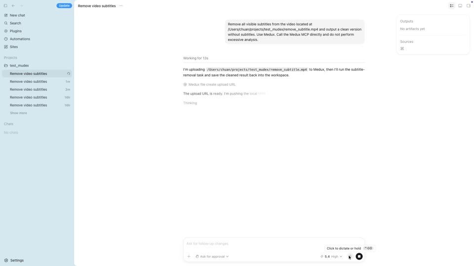 Codex requesting a Medux upload URL