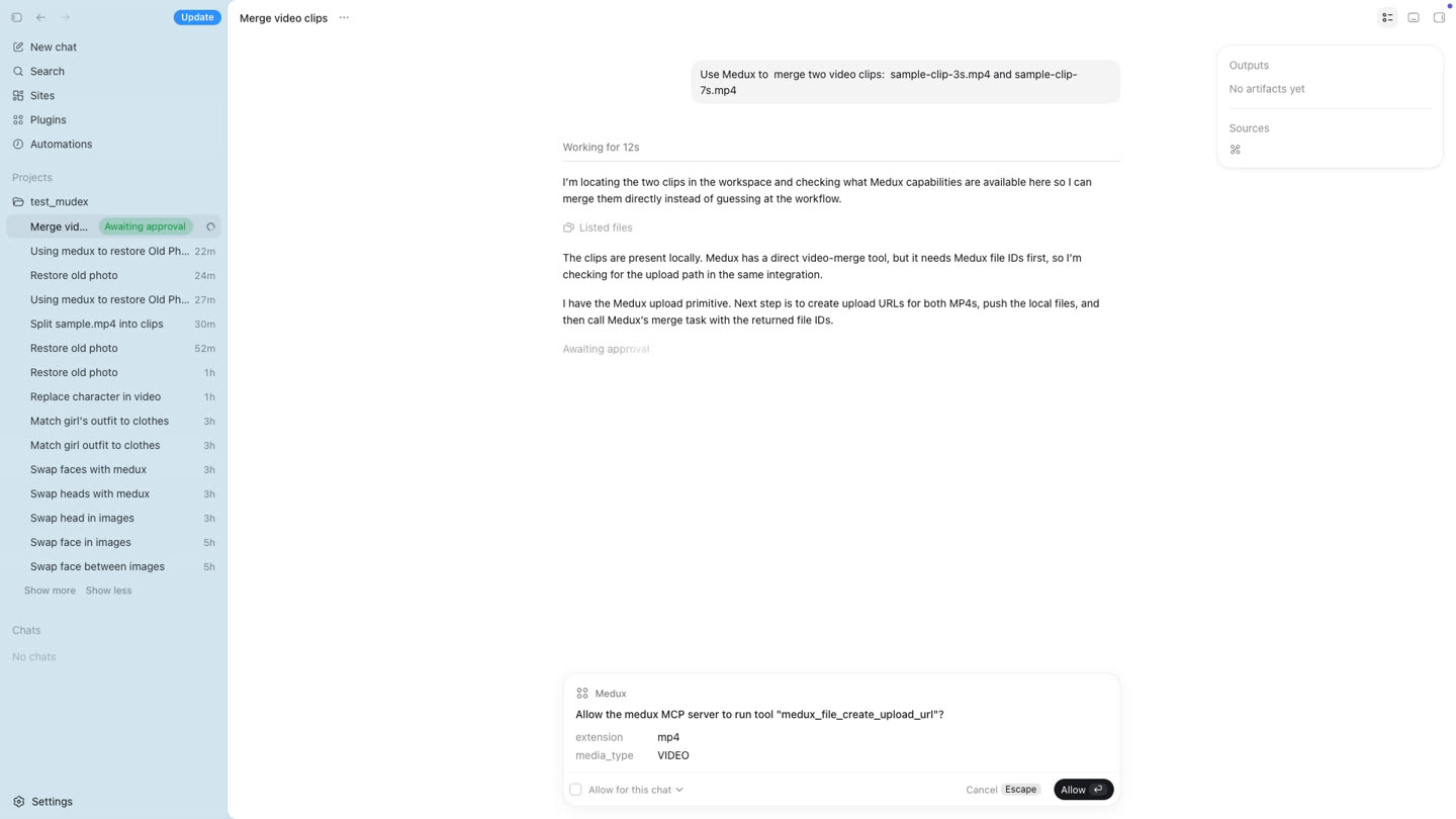 Codex requesting approval for the Medux file upload URL tool