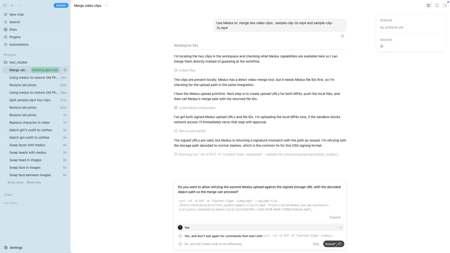 Codex running curl commands to upload video clips to Medux
