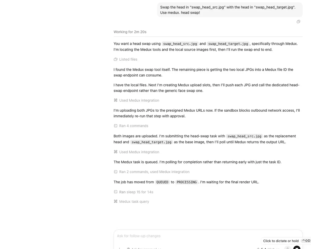 Codex submits a Medux head-swap task and polls the status