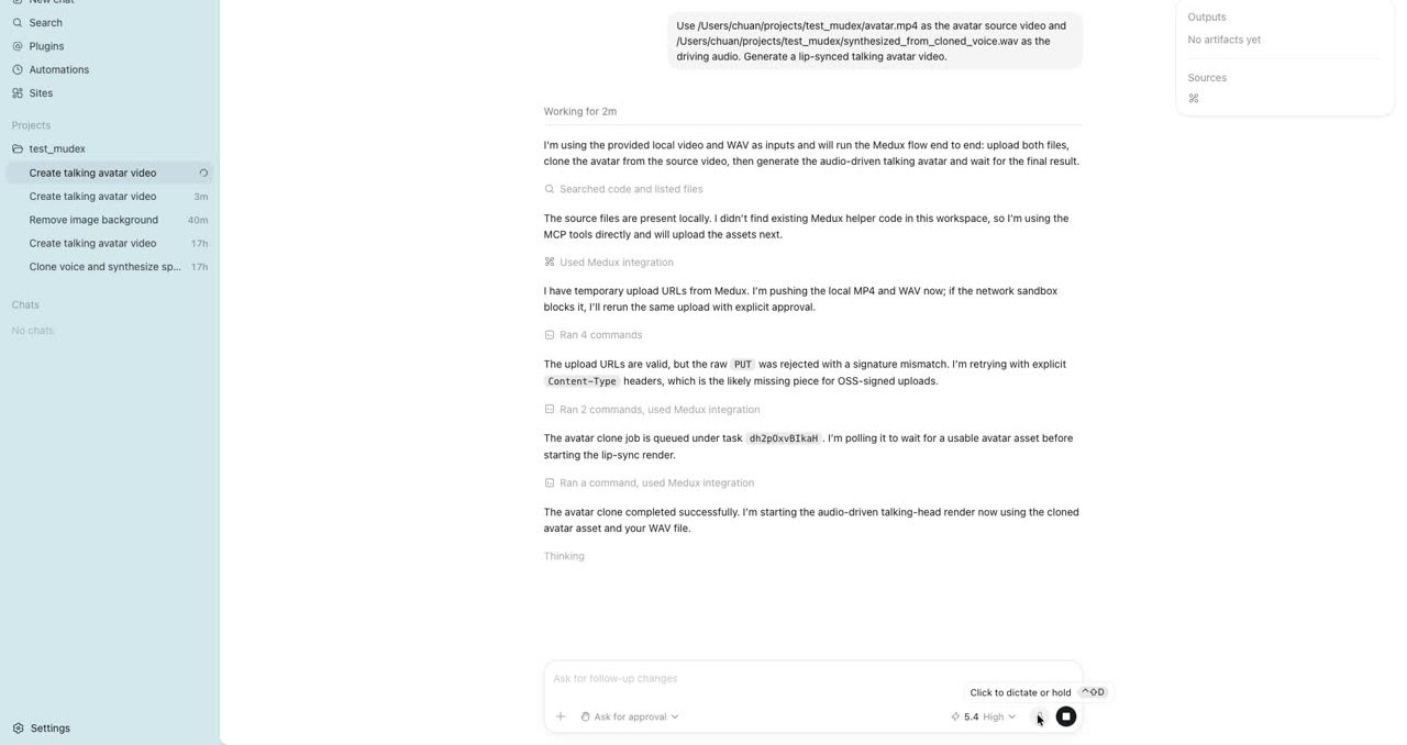 Codex using Medux MCP tools to upload media