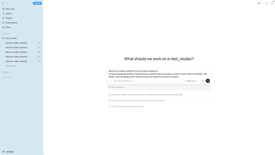 Codex workspace with the subtitle removal request