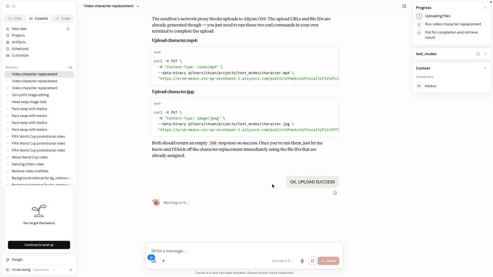 Curl upload commands for the source video and reference image