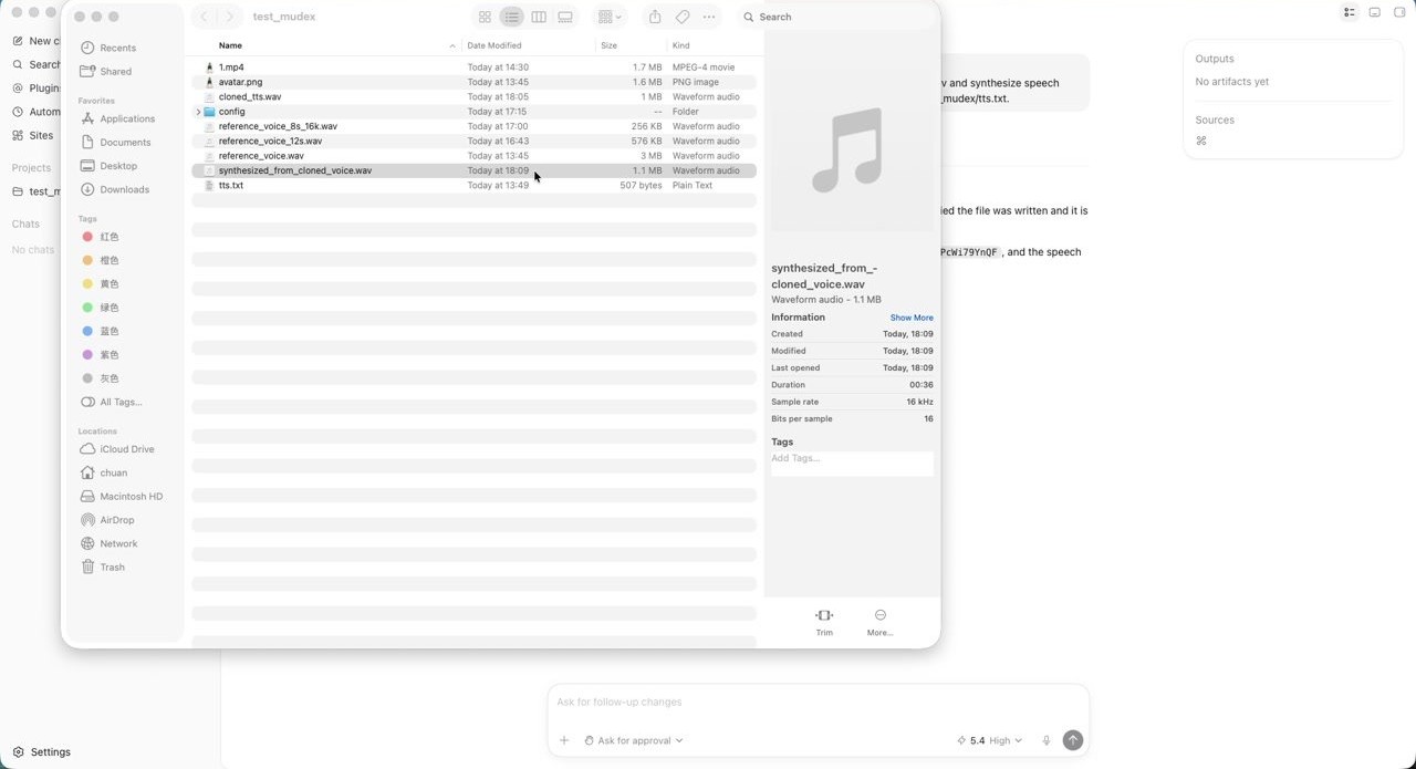 Finder shows the generated synthesized_from_cloned_voice.wav file