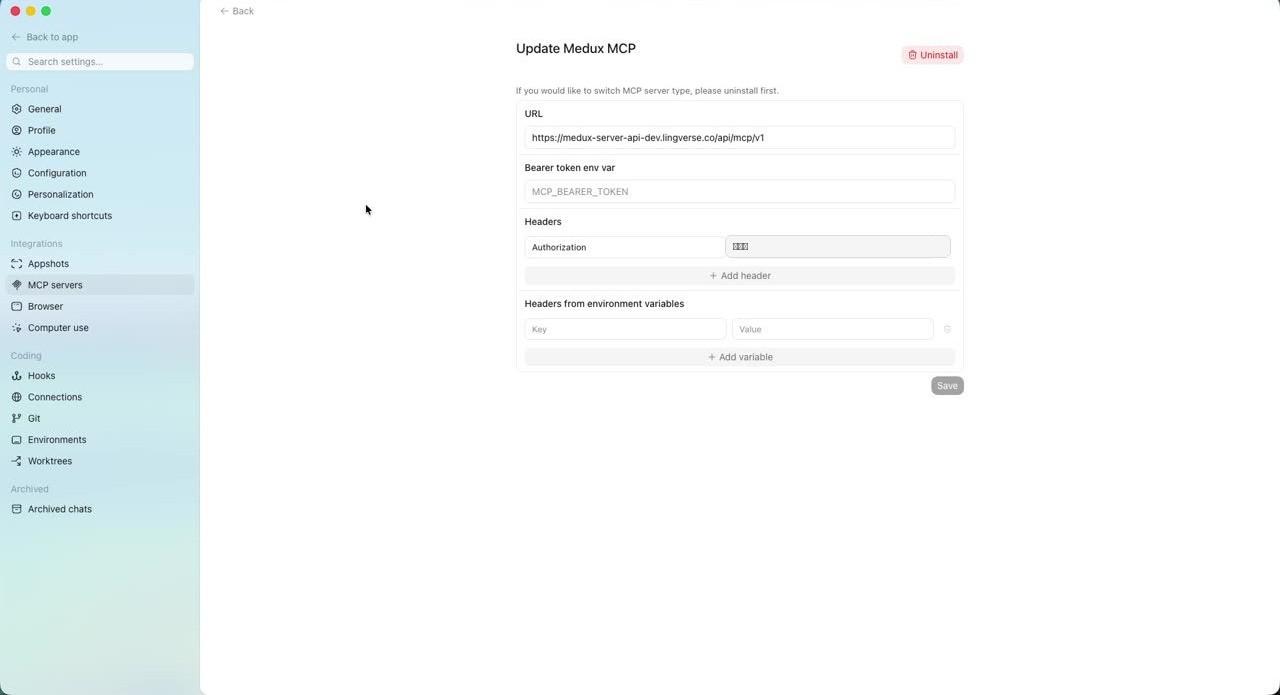 Medux MCP Server configured in Codex settings