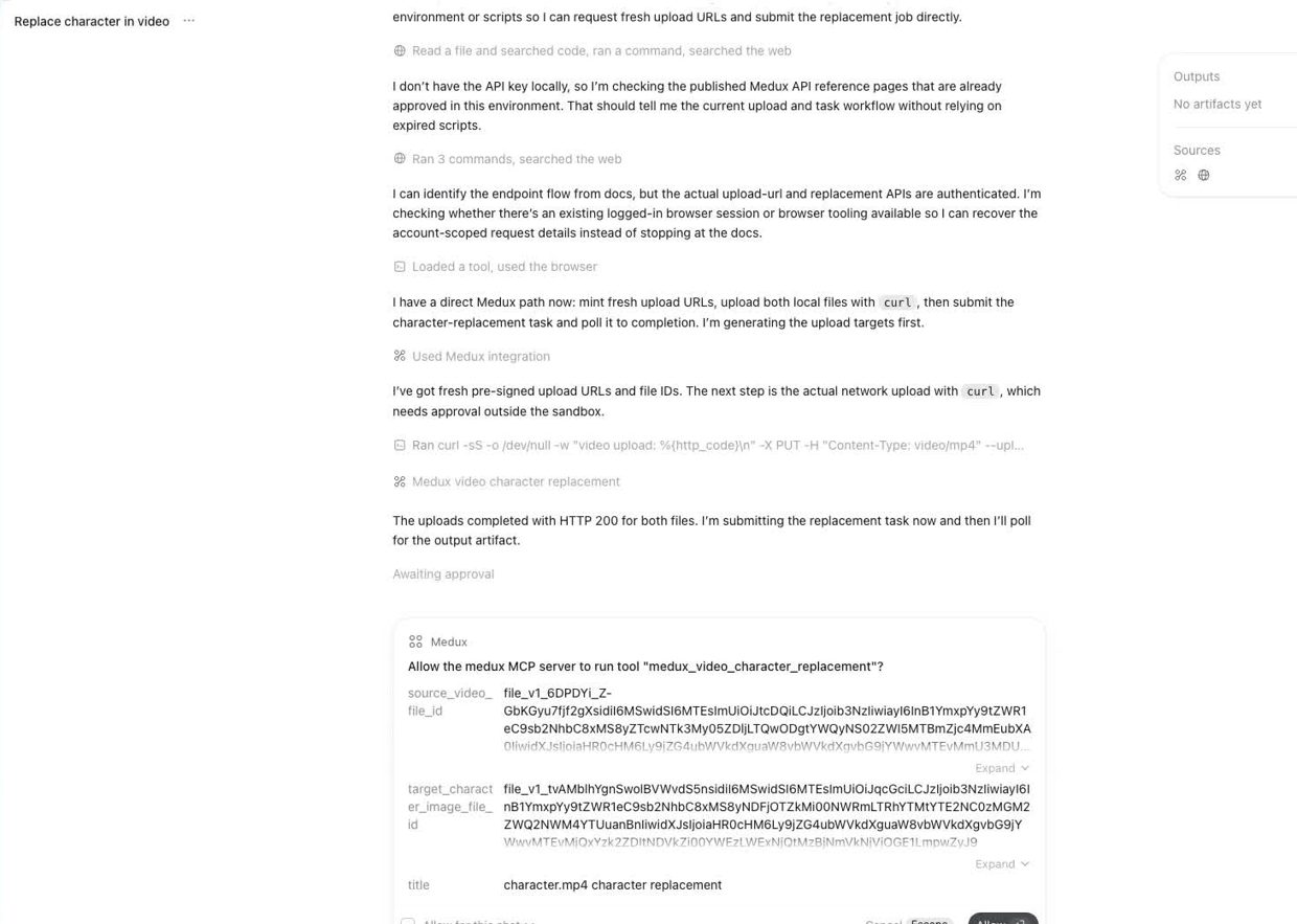 Medux video character replacement MCP approval