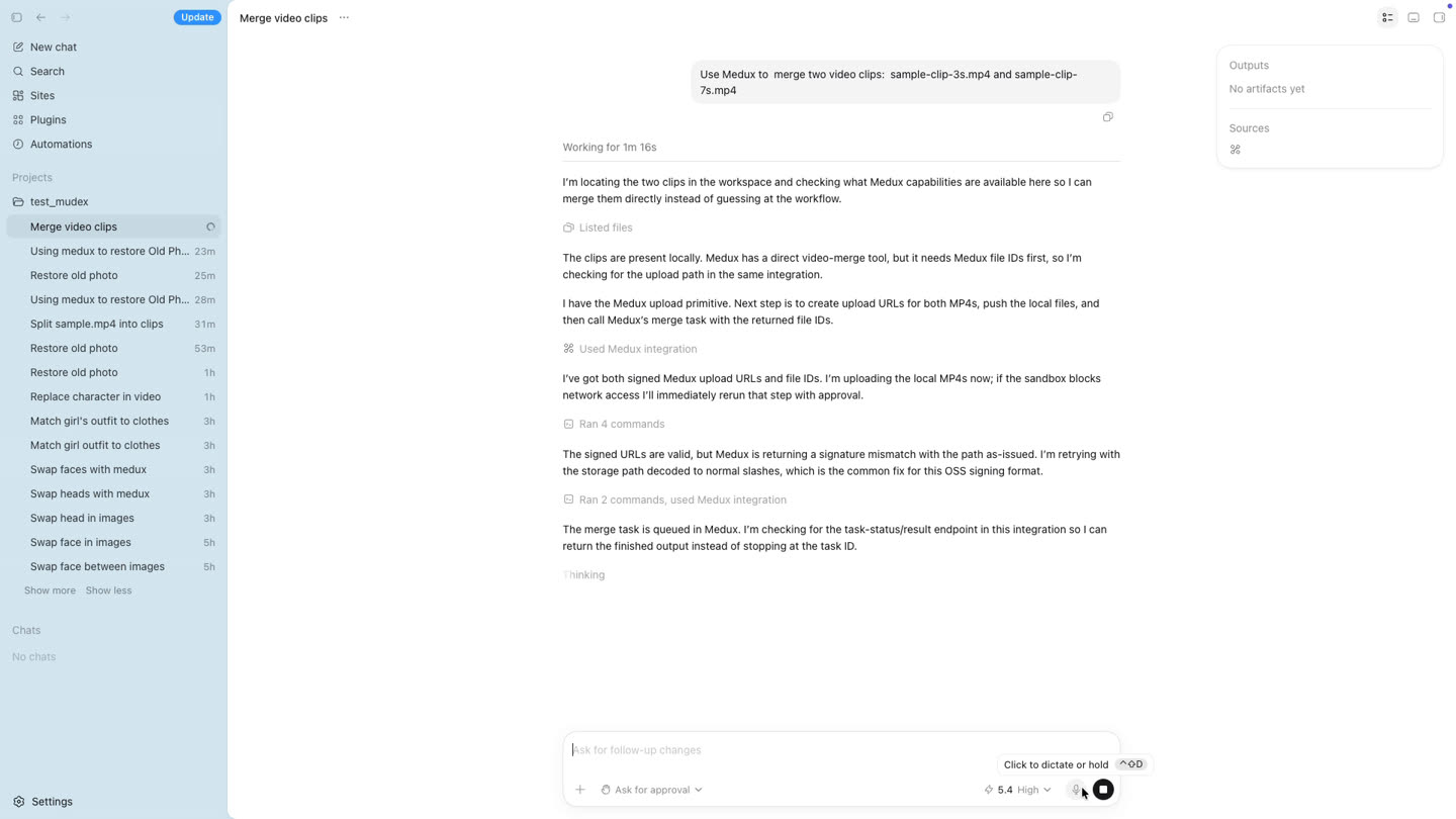 Medux video merge task queued and monitored by Codex