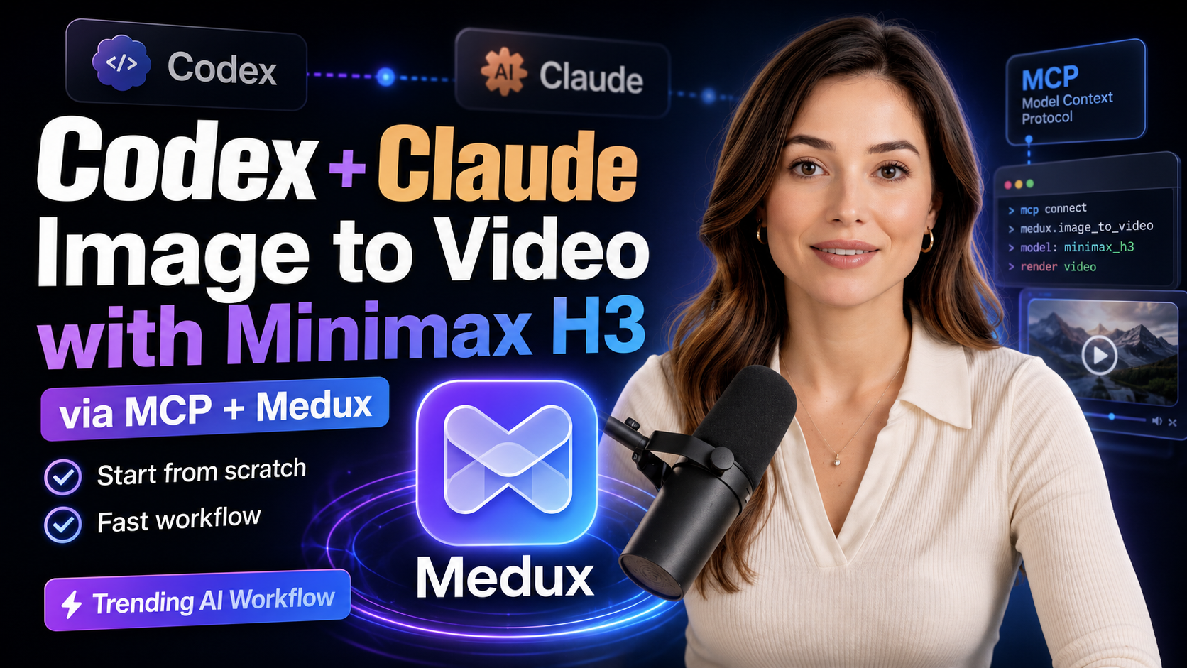 Codex and Claude connected through Medux MCP for MiniMax H3 image-to-video generation