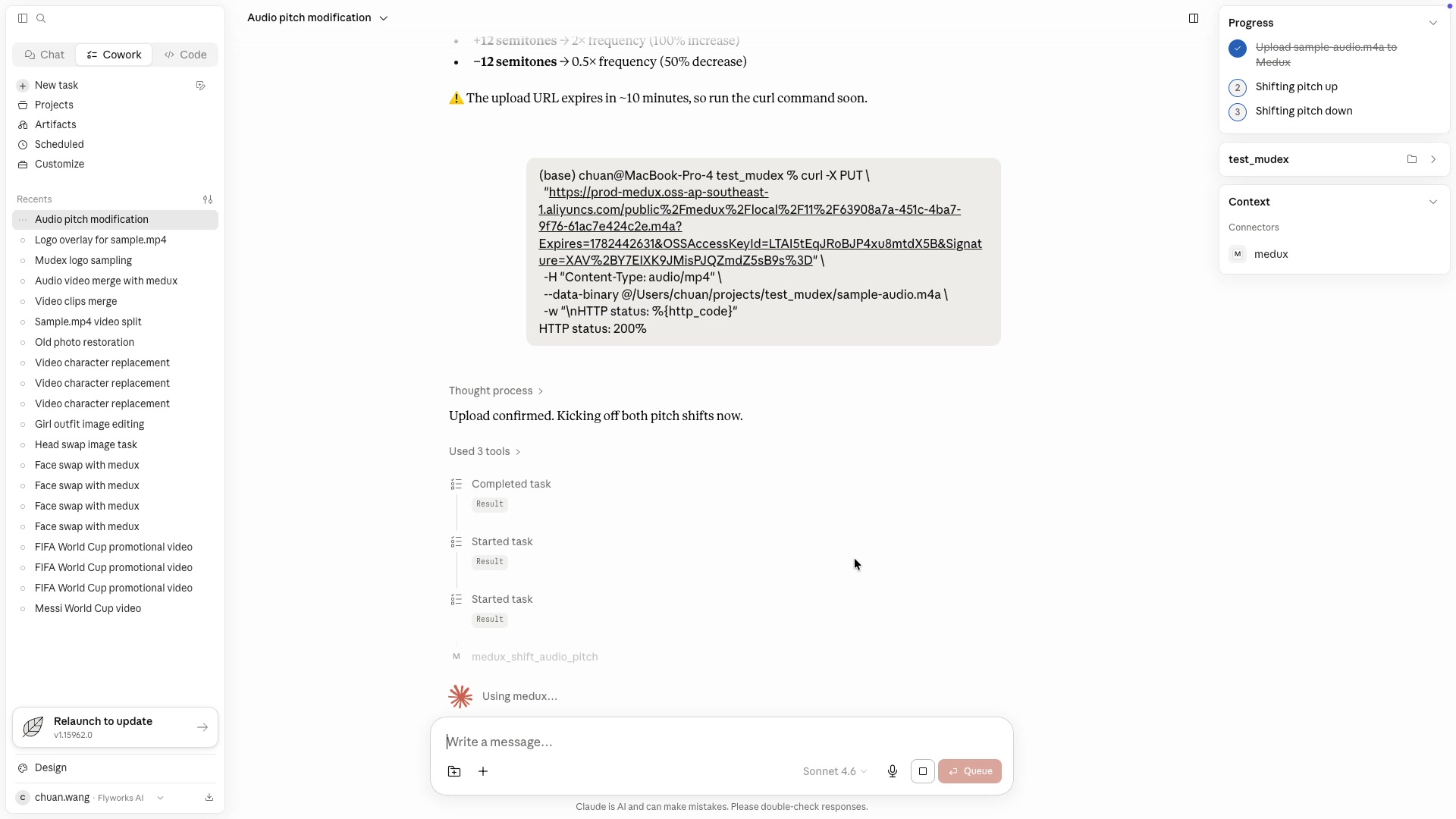 Successful curl upload followed by pitch-shift tasks