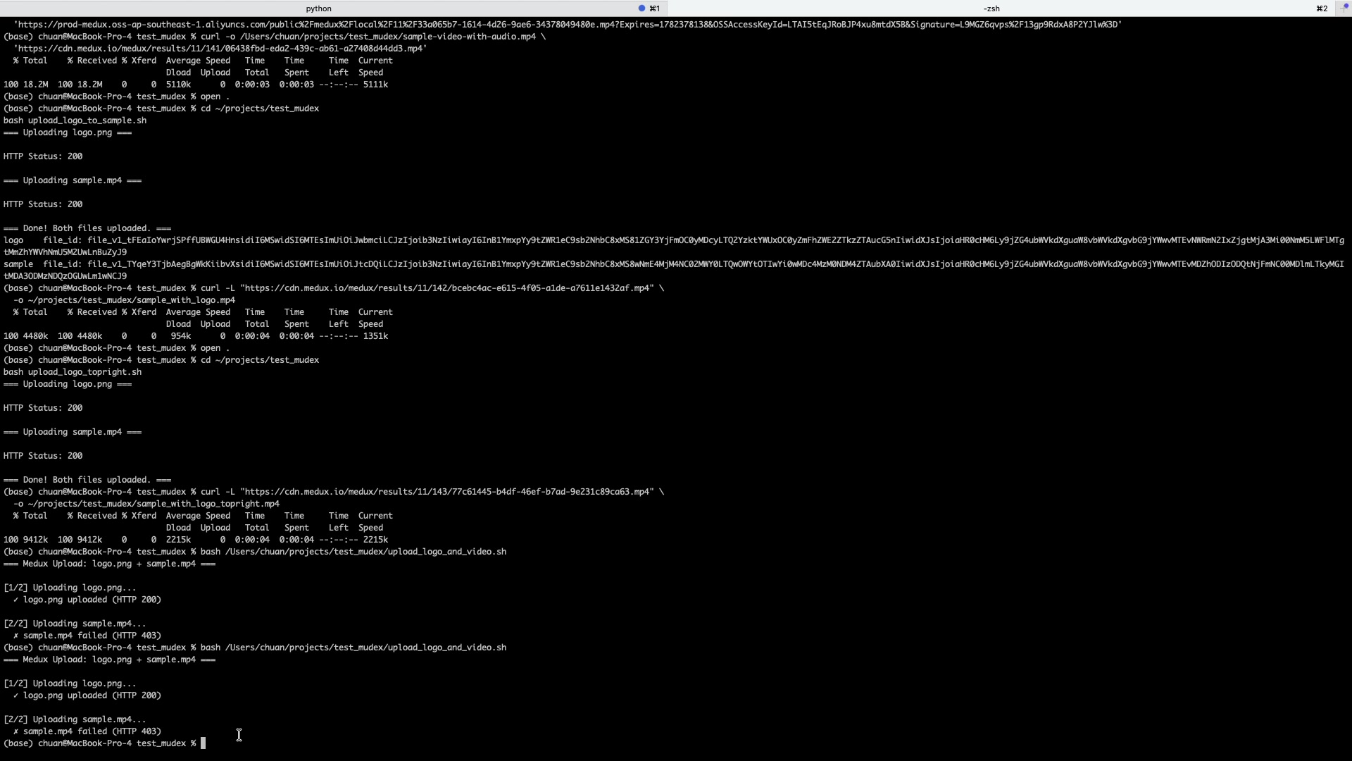 Terminal showing curl uploads for the video and logo